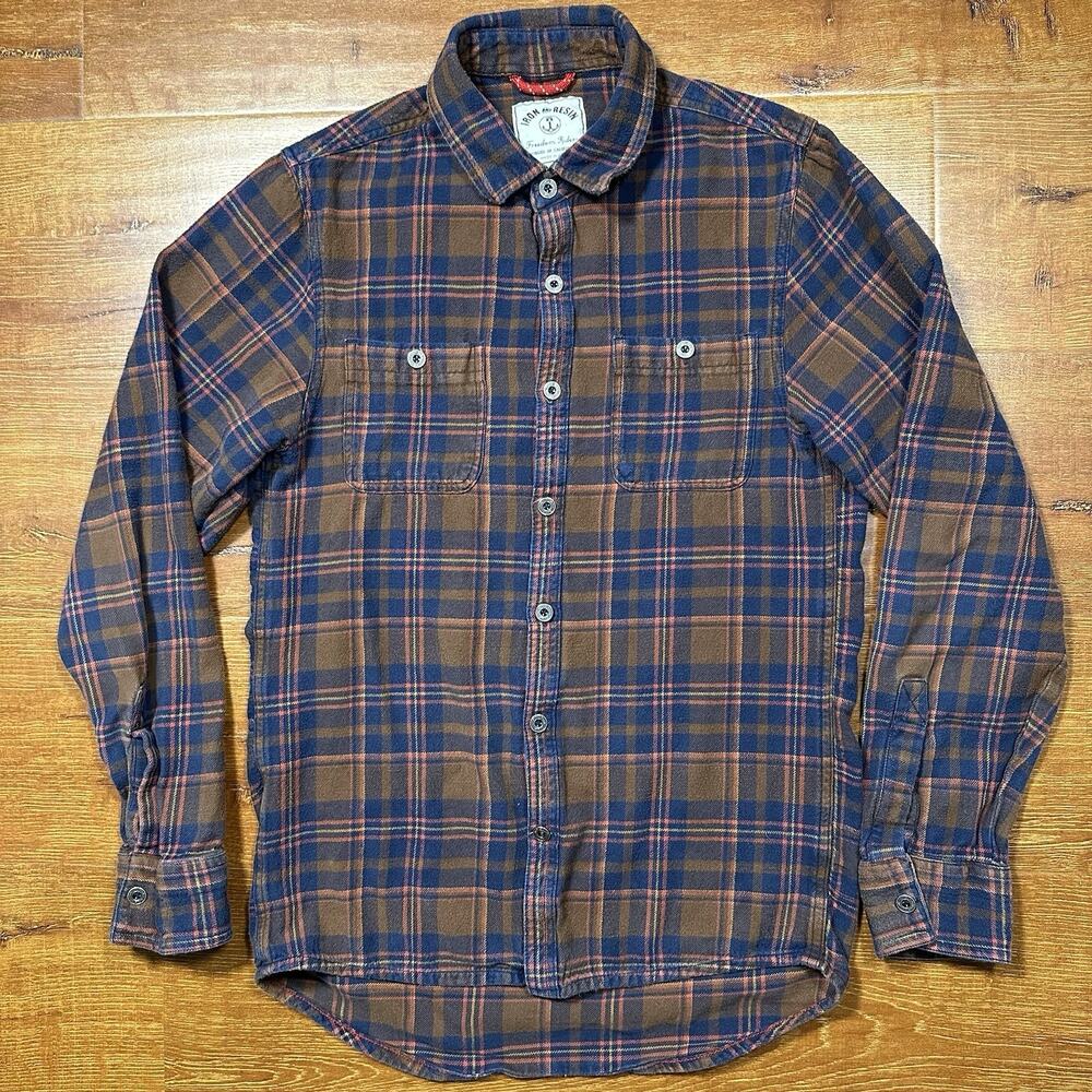 Iron And Resin Flannel Button Up Shirt Mens M Brown Tartan Plaid Metal Retro